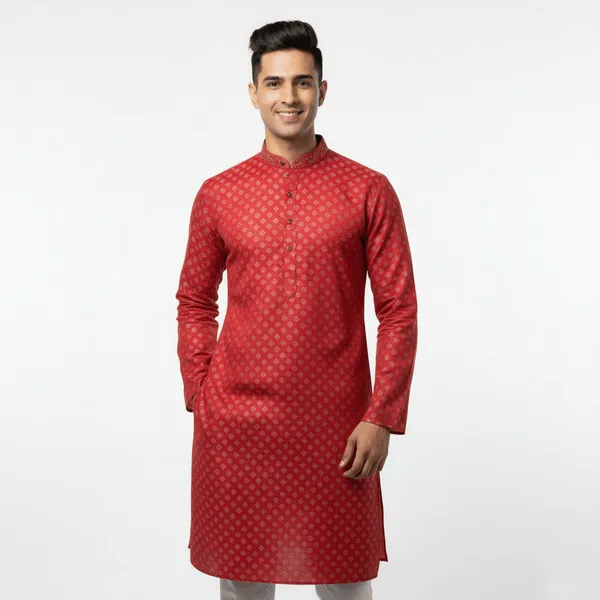 Red_Jacquard_Silk_Kurta_With_Zari_Embroidery,_Luppi_Work_For_Men