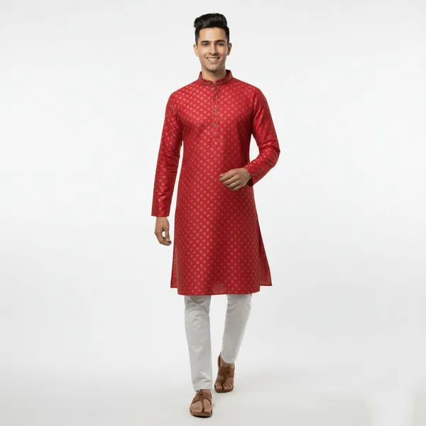 Red_Jacquard_Silk_Kurta_With_Zari_Embroidery,_Luppi_Work_For_Men