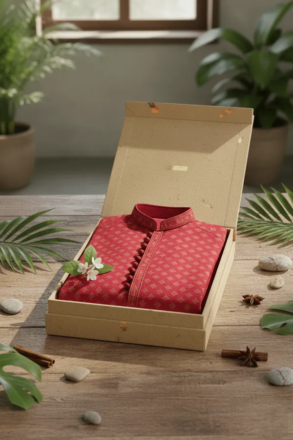 Red_Jacquard_Silk_Kurta_With_Zari_Embroidery,_Luppi_Work_For_Men