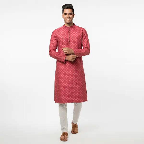 Red_Jacquard_Silk_Kurta_With_Zari_Embroidery,_Luppi_Work_For_Men