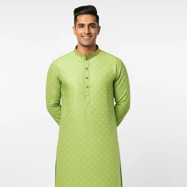 Green_Jacquard_Silk_Kurta_With_Zari_Embroidery,_Luppi_Work_For_Men
