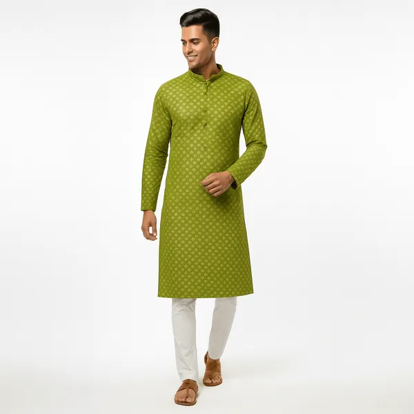 Olive_Green_Jacquard_Silk_Kurta_With_Zari_Embroidery,_Luppi_Work_For_Men