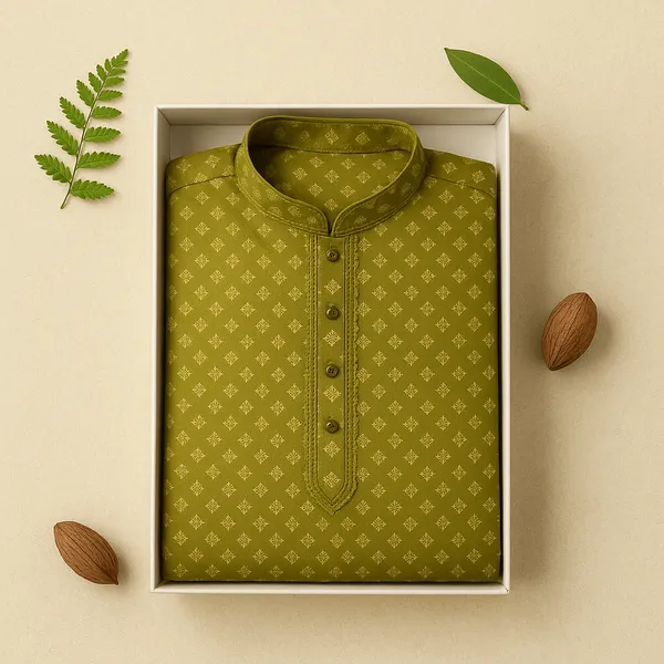Olive_Green_Jacquard_Silk_Kurta_With_Zari_Embroidery,_Luppi_Work_For_Men