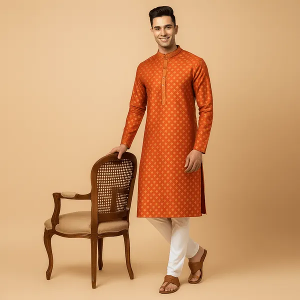 Orange_Jacquard_Silk_Kurta_With_Zari_Embroidery,_Luppi_Work_For_Men