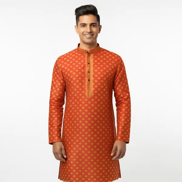 Orange_Jacquard_Silk_Kurta_With_Zari_Embroidery,_Luppi_Work_For_Men