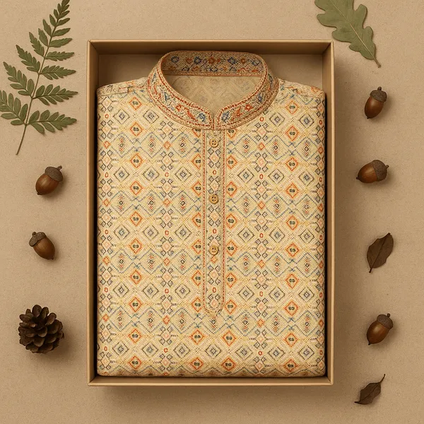 Cream_Geometric_Digital_Print_Silk_Blend_Kurta_For_Men