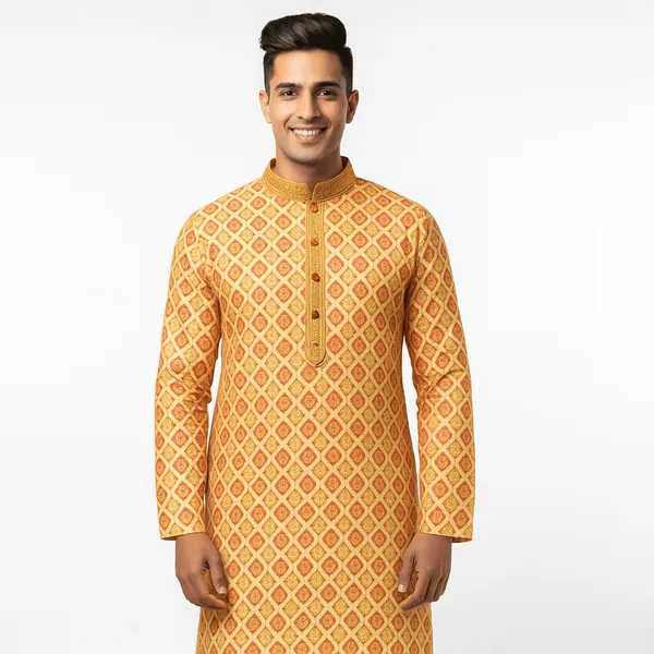 Orange_Geometric_Digital_Print_Silk_Blend_Kurta_For_Men