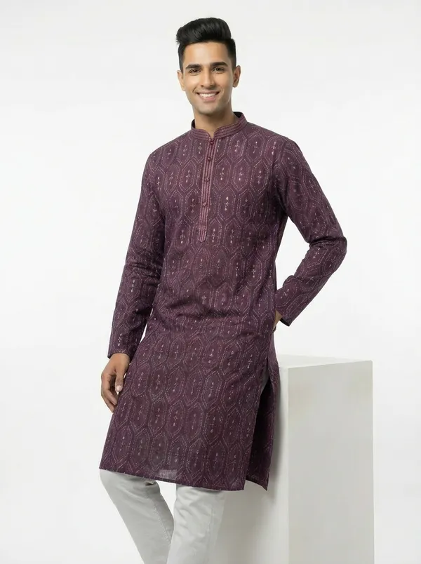 Burgundy_Jacquard_Silk_Kurta_Men_|_Geometric_Pattern_Kurta_|_Premium_Fabric_Kurta_|_Men's_Kurta_|_Ethnic_Wear_|_Made_in_India