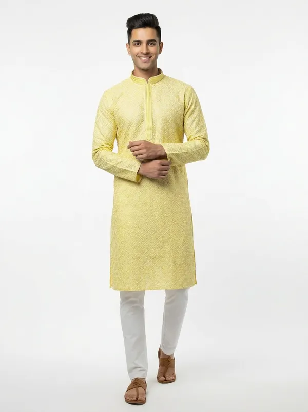 Groom_Special_Kurta_|_YELLOW_Premium_Jacquard_Round_Collar_Full_Sleeve_Kurta_Set_With_Zari_Embroidery_For_Men_-_Vedkart