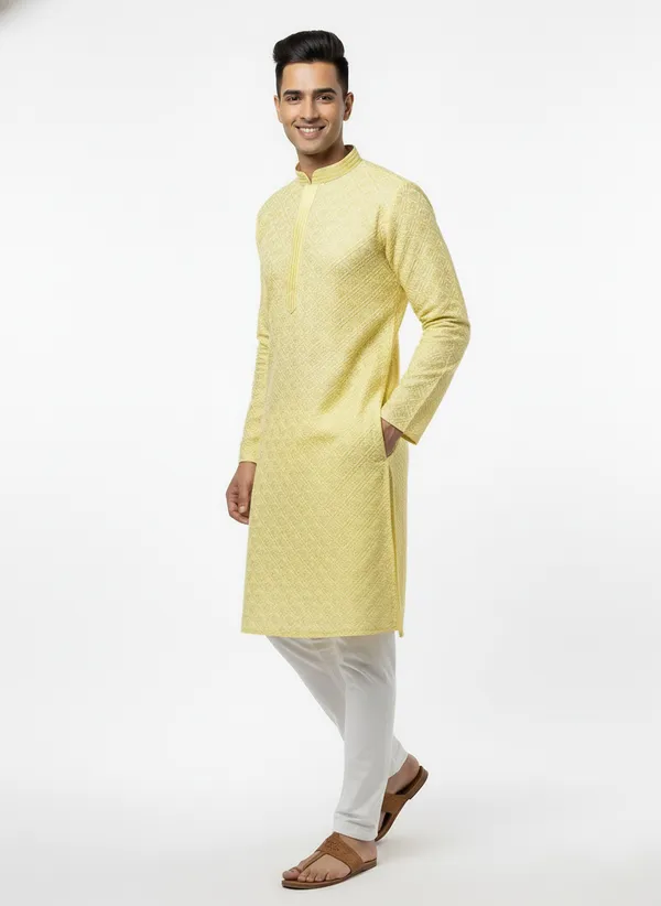 Groom_Special_Kurta_|_YELLOW_Premium_Jacquard_Round_Collar_Full_Sleeve_Kurta_Set_With_Zari_Embroidery_For_Men_-_Vedkart