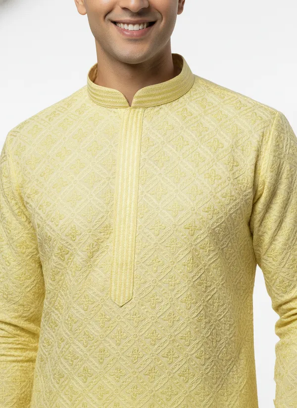 Groom_Special_Kurta_|_YELLOW_Premium_Jacquard_Round_Collar_Full_Sleeve_Kurta_Set_With_Zari_Embroidery_For_Men_-_Vedkart