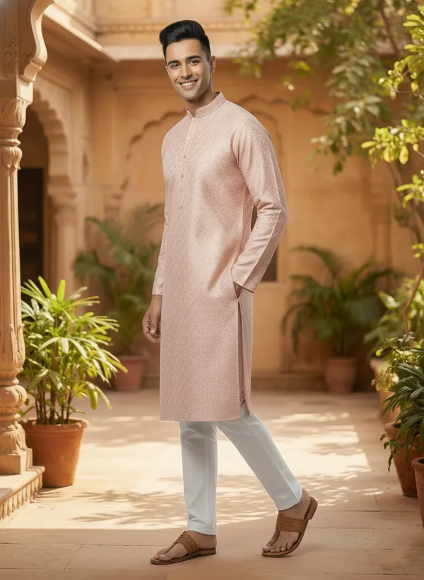 Groom_Special_Kurta_|_PEACH_Premium_Jacquard_Round_Collar_Full_Sleeve_Kurta_Set_With_Zari_Embroidery_For_Men_-_Vedkart