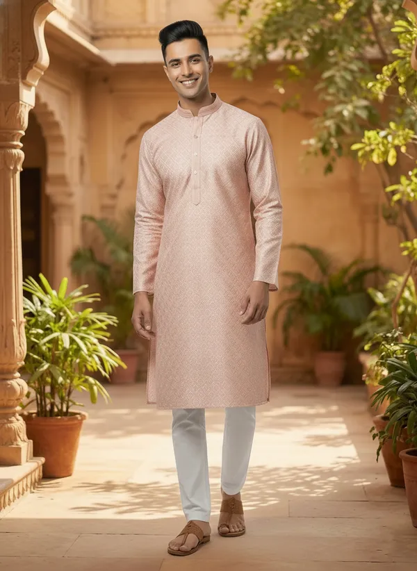 Groom_Special_Kurta_|_PEACH_Premium_Jacquard_Round_Collar_Full_Sleeve_Kurta_Set_With_Zari_Embroidery_For_Men_-_Vedkart