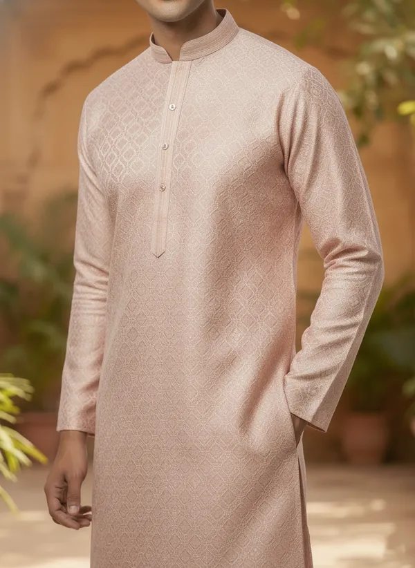 Groom_Special_Kurta_|_PEACH_Premium_Jacquard_Round_Collar_Full_Sleeve_Kurta_Set_With_Zari_Embroidery_For_Men_-_Vedkart