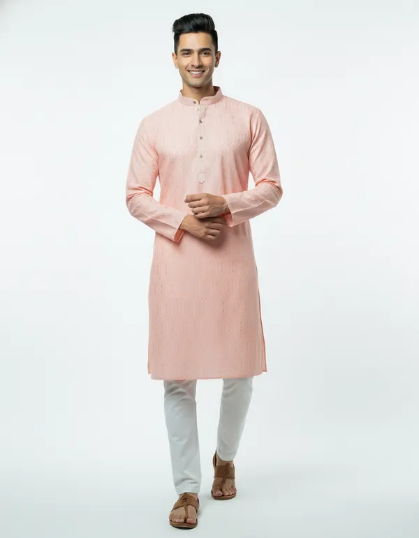 Peach_Jacquard_Silk_Kurta_Men_|_Geometric_Pattern_Kurta_|_Premium_Fabric_Kurta_|_Men's_Kurta_|_Ethnic_Wear_|_Made_in_India