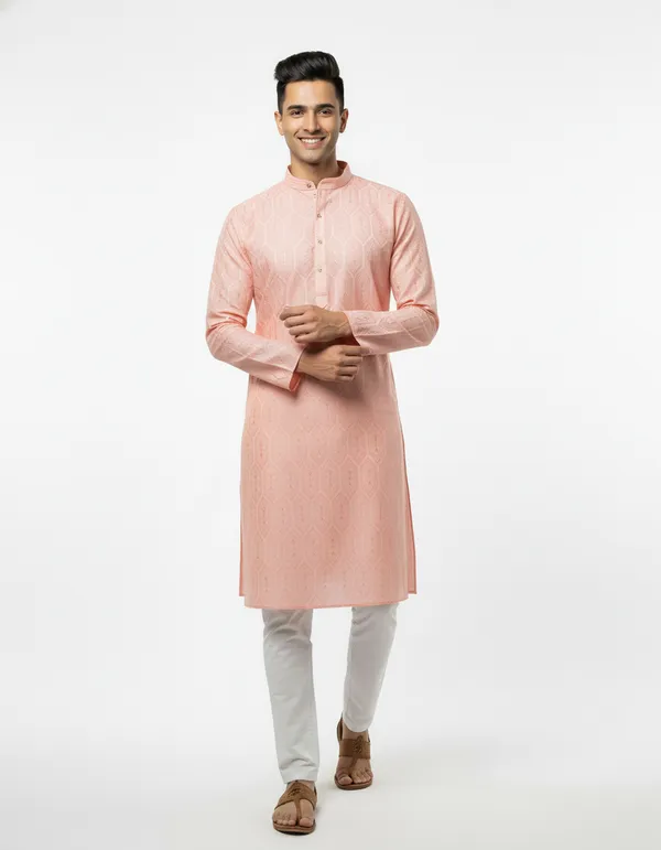 Peach_Jacquard_Silk_Kurta_Men_|_Geometric_Pattern_Kurta_|_Premium_Fabric_Kurta_|_Men's_Kurta_|_Ethnic_Wear_|_Made_in_India