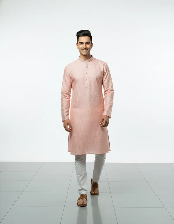 Peach_Jacquard_Silk_Kurta_Men_|_Geometric_Pattern_Kurta_|_Premium_Fabric_Kurta_|_Men's_Kurta_|_Ethnic_Wear_|_Made_in_India