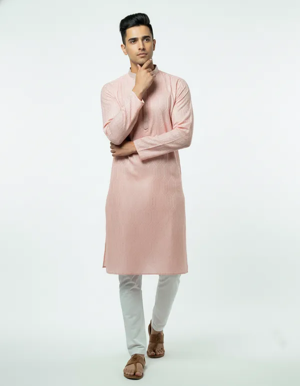 Peach_Jacquard_Silk_Kurta_Men_|_Geometric_Pattern_Kurta_|_Premium_Fabric_Kurta_|_Men's_Kurta_|_Ethnic_Wear_|_Made_in_India