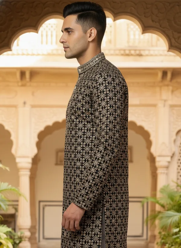 Premium_BLACK_Jacquard_Embroidered_Kurta_Pajama_Set_for_Men_|_Flower_Embroidery_Kurta_|_Wedding_Festival_Ethnic_Wear_|_Full_Sleeve_Band_Collar_Kurta_Set_-_Vedkart