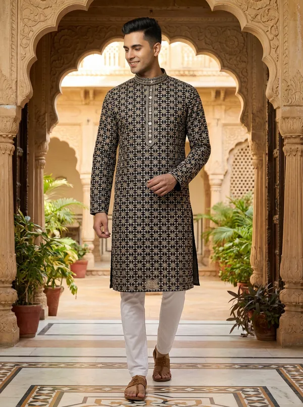 Premium_BLACK_Jacquard_Embroidered_Kurta_Pajama_Set_for_Men_|_Flower_Embroidery_Kurta_|_Wedding_Festival_Ethnic_Wear_|_Full_Sleeve_Band_Collar_Kurta_Set_-_Vedkart