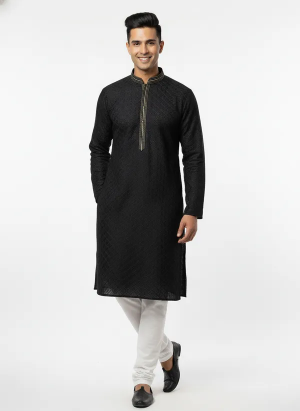 Vedkart_Men's_Black_Jacquard_Kurta_|_Gold_Lurex_Thread_Ethnic_Kurta_|_Wedding_&_Festival_Wear