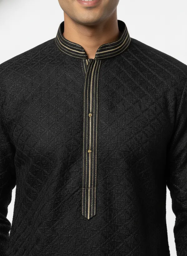 Vedkart_Men's_Black_Jacquard_Kurta_|_Gold_Lurex_Thread_Ethnic_Kurta_|_Wedding_&_Festival_Wear