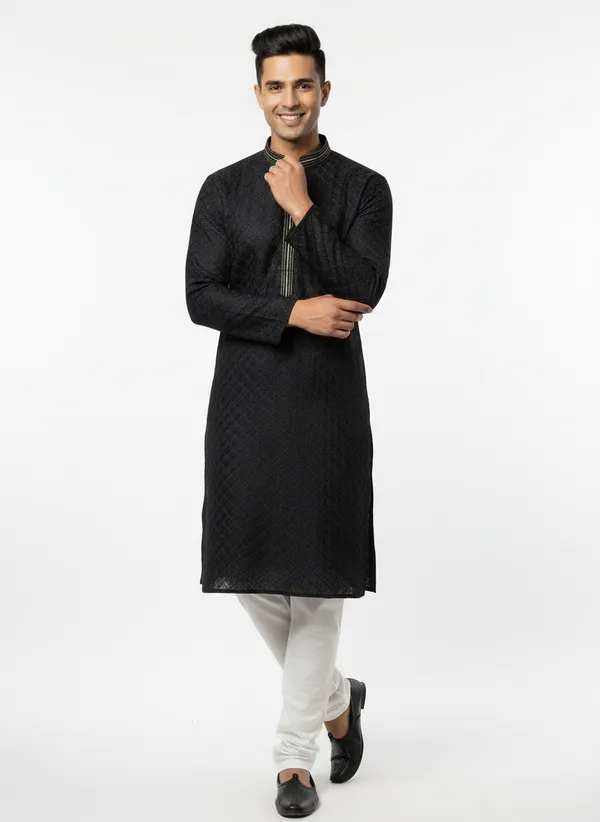Vedkart_Men's_Black_Jacquard_Kurta_|_Gold_Lurex_Thread_Ethnic_Kurta_|_Wedding_&_Festival_Wear