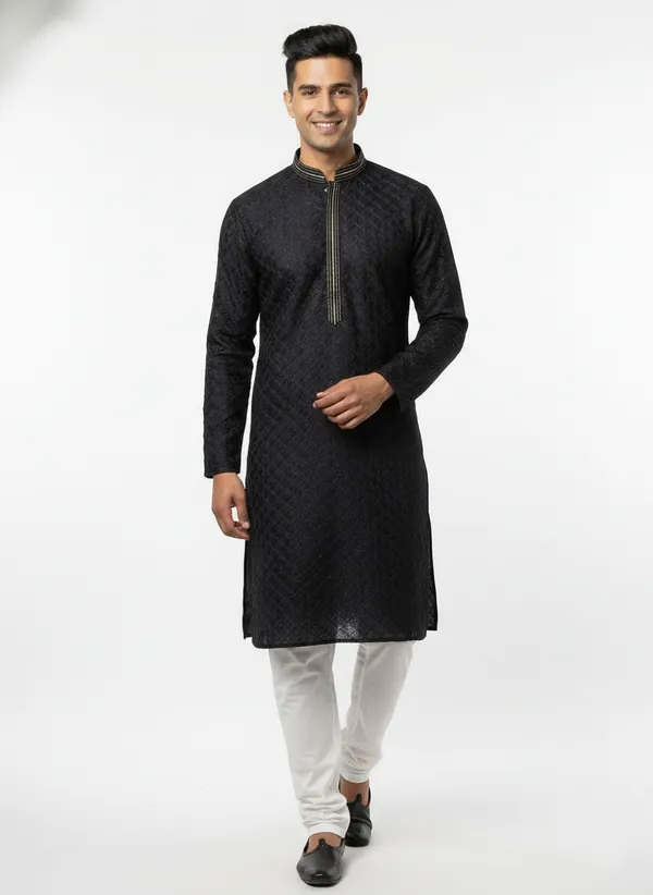 Vedkart_Men's_Black_Jacquard_Kurta_|_Gold_Lurex_Thread_Ethnic_Kurta_|_Wedding_&_Festival_Wear