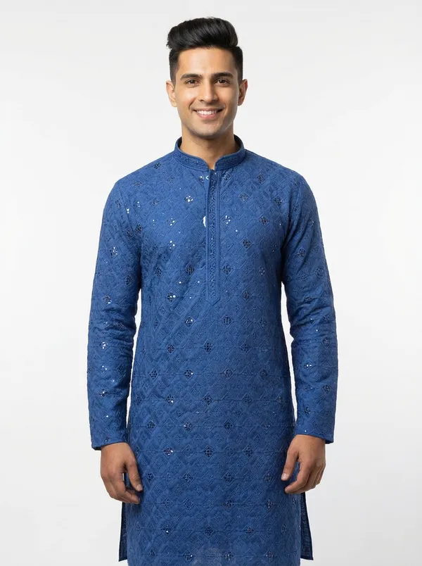 Vedkart_Men's_Blue_Lakhnavi_Kurta_|_Chikankari_Embroidery_Cotton_Kurta_|_Ethnic_Wear_for_Wedding_&_Festival