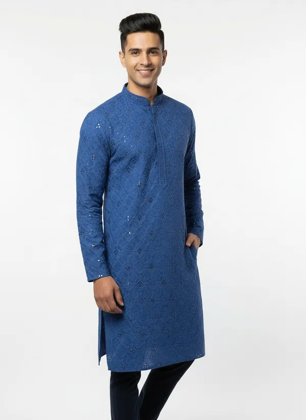 Vedkart_Men's_Blue_Lakhnavi_Kurta_|_Chikankari_Embroidery_Cotton_Kurta_|_Ethnic_Wear_for_Wedding_&_Festival