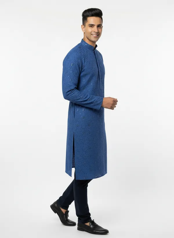 Vedkart_Men's_Blue_Lakhnavi_Kurta_|_Chikankari_Embroidery_Cotton_Kurta_|_Ethnic_Wear_for_Wedding_&_Festival