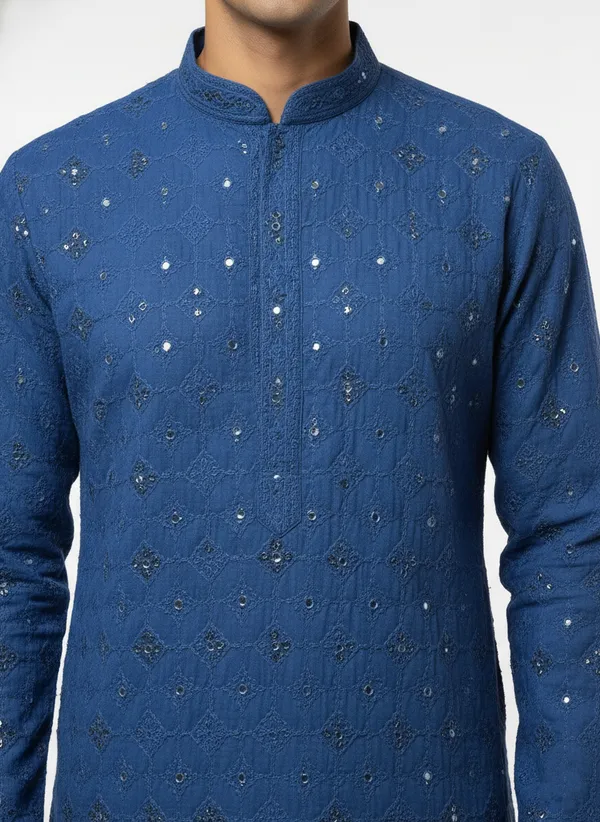 Vedkart_Men's_Blue_Lakhnavi_Kurta_|_Chikankari_Embroidery_Cotton_Kurta_|_Ethnic_Wear_for_Wedding_&_Festival