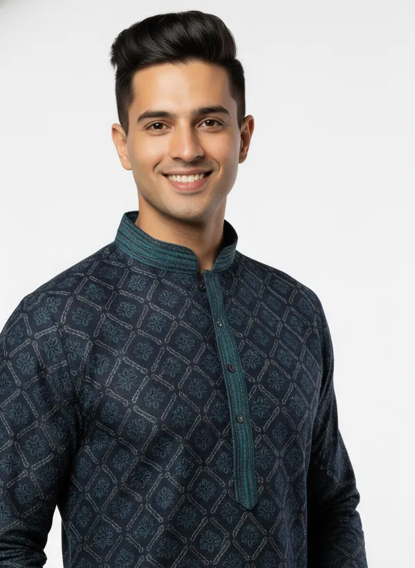Vedkart_Men's_Dark_Teal_Jacquard_Kurta_|_Gold_Thread_Weave_Ethnic_Kurta_|_Wedding_&_Festival_Wear