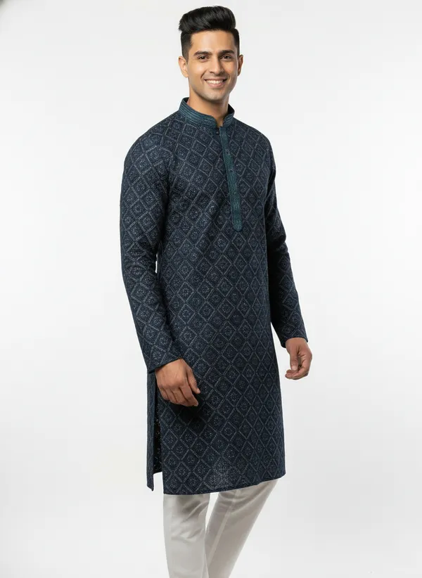 Vedkart_Men's_Dark_Teal_Jacquard_Kurta_|_Gold_Thread_Weave_Ethnic_Kurta_|_Wedding_&_Festival_Wear