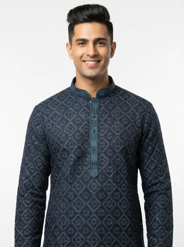Vedkart_Men's_Dark_Teal_Jacquard_Kurta_|_Gold_Thread_Weave_Ethnic_Kurta_|_Wedding_&_Festival_Wear