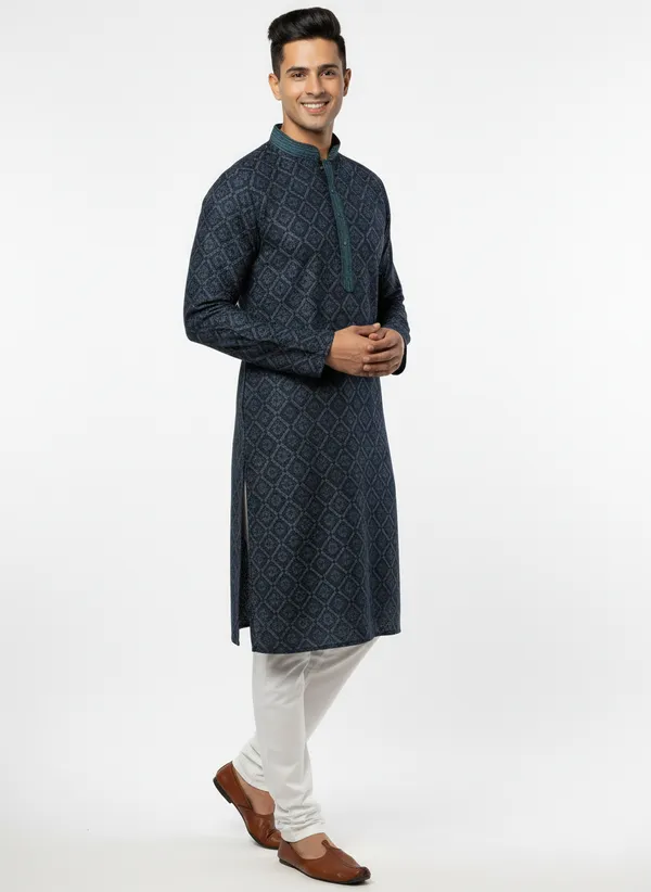 Vedkart_Men's_Dark_Teal_Jacquard_Kurta_|_Gold_Thread_Weave_Ethnic_Kurta_|_Wedding_&_Festival_Wear