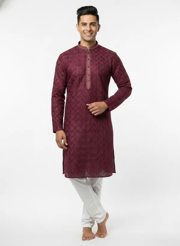 Vedkart_Men's_Red_Jacquard_Kurta_|_Gold_Lurex_Thread_Ethnic_Kurta_|_Wedding_&_Festival_Wear
