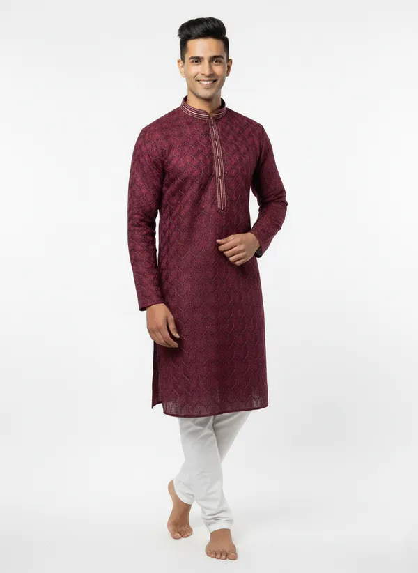 Vedkart_Men's_Red_Jacquard_Kurta_|_Gold_Lurex_Thread_Ethnic_Kurta_|_Wedding_&_Festival_Wear