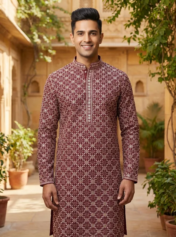 Premium_Maroon_Jacquard_Embroidered_Kurta_Pajama_Set_for_Men_|_Flower_Embroidery_Kurta_|_Wedding_Festival_Ethnic_Wear_|_Full_Sleeve_Band_Collar_Kurta_Set_-_Vedkart