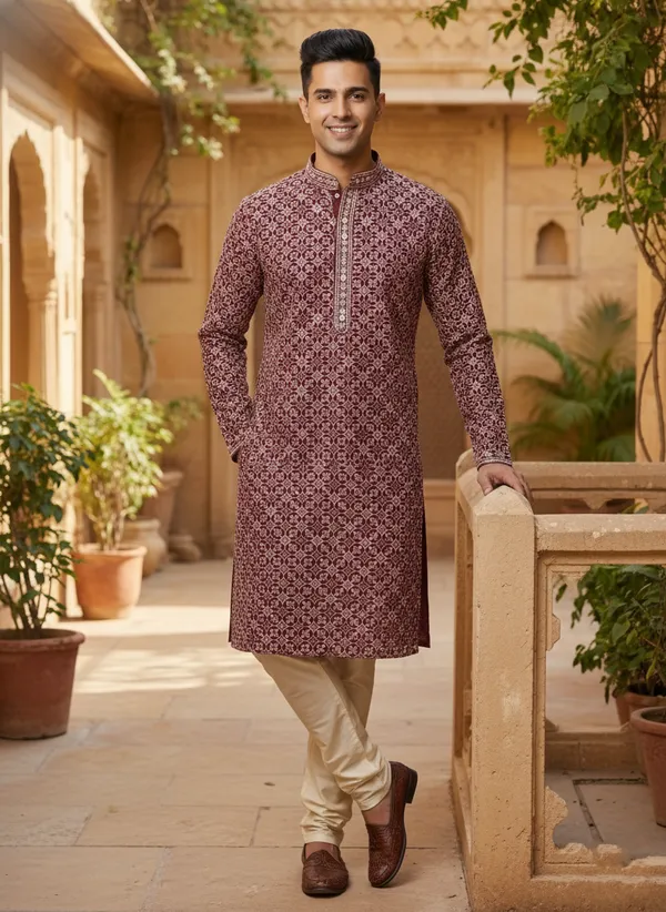 Premium_Maroon_Jacquard_Embroidered_Kurta_Pajama_Set_for_Men_|_Flower_Embroidery_Kurta_|_Wedding_Festival_Ethnic_Wear_|_Full_Sleeve_Band_Collar_Kurta_Set_-_Vedkart