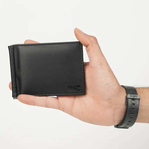 WOCO_Black_Money_Clipper_for_Men,_Slim_Vegan_Leather_Card_Holder_with_Metal_Cash_Clip_&_4_Card_Slots
