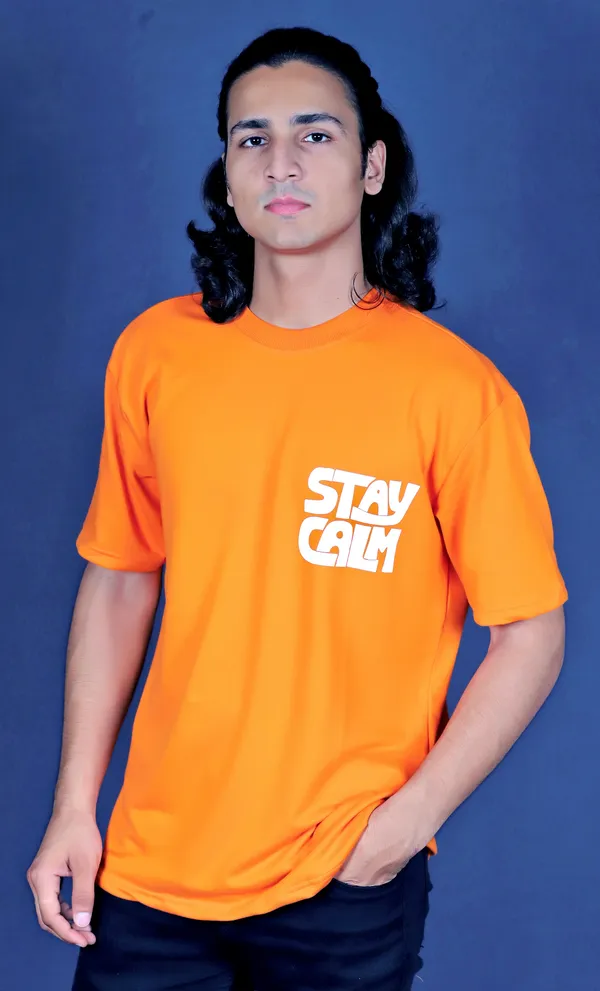 Orange_Cotton_Oversized_Loop_Knit_Stay_Calm_Print_Tshirt_For_Men