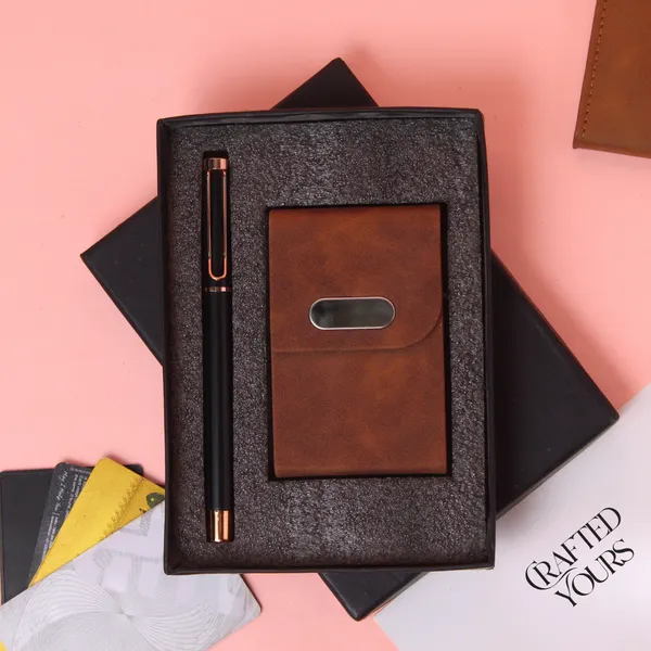 Rose_Gold_&_Tan_Personalised_Rose_Gold_Clip_Matt_Black_Pen_With_Tan_Cardholder_Combo