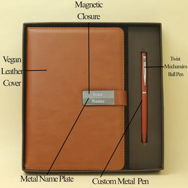 Tan_Personalised_Premium_Magnetic_Loop_Dairy_&_Pen_Combo