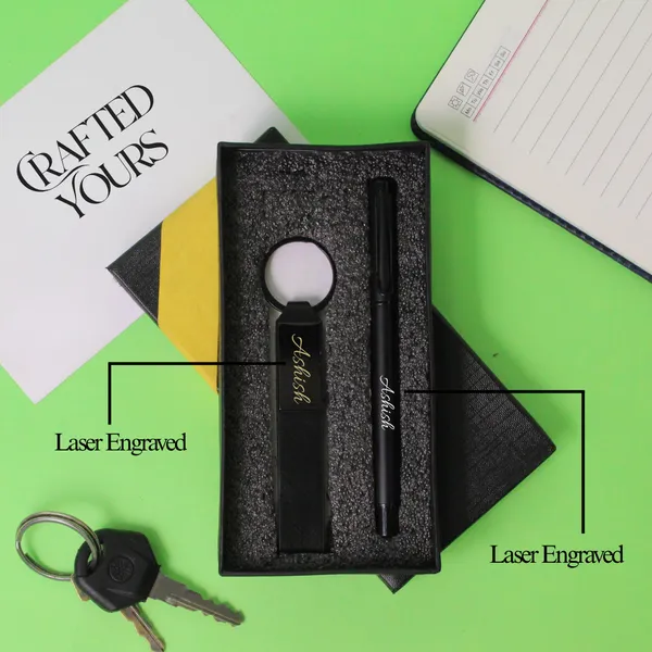Black_Personalised_Matt_Bl_Pen_With_Belt_Keychain_Combo
