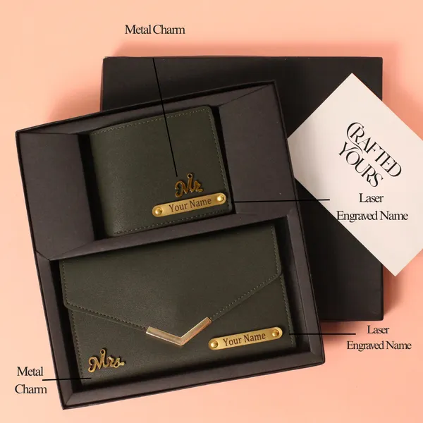 Green_Personalised_Pebble_Textured_Gents_Wallet_&_Ladies_Clutch_Couple_Combo