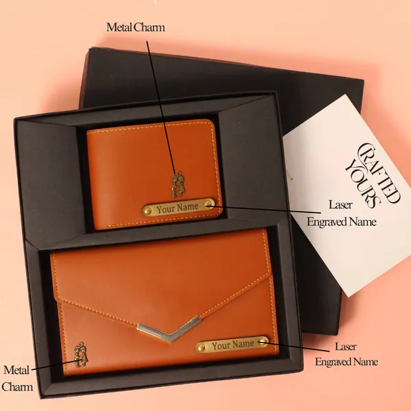 Tan_Personalised_Classic_Gents_Wallet_&_Ladies_Clutch_Couple_Combo