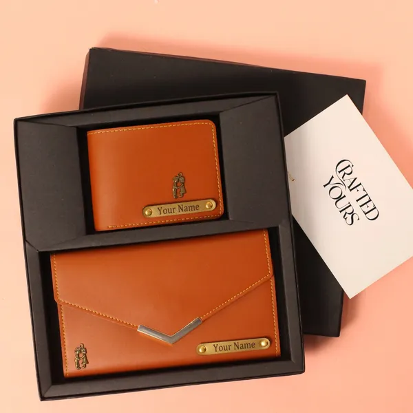Tan_Personalised_Classic_Gents_Wallet_&_Ladies_Clutch_Couple_Combo