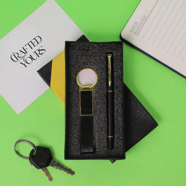 Black_And_Gold_Personalised_Black_Arrow_Pen_&_Gold_Belt_Keychain_Combo