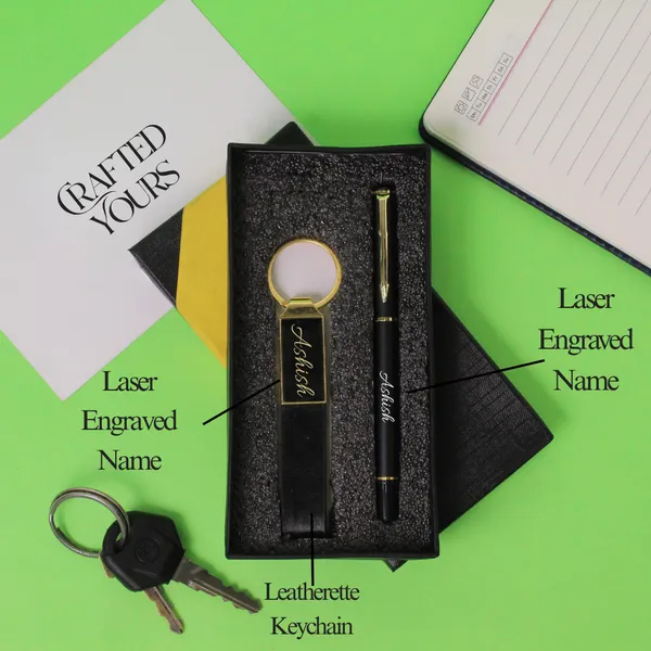 Black_And_Gold_Personalised_Black_Arrow_Pen_&_Gold_Belt_Keychain_Combo